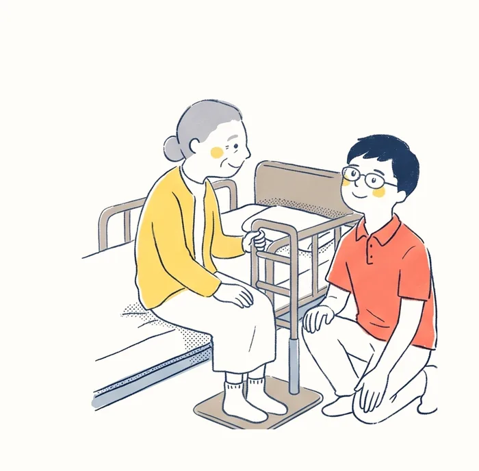 手すりを持ってベッドから立ち上がるご利用者さまと、そばで見守る相談員