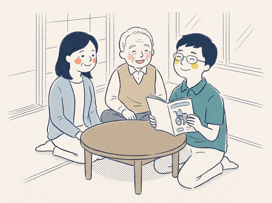 ご自宅で、相談員と一緒に福祉用具のカタログを見るご家族